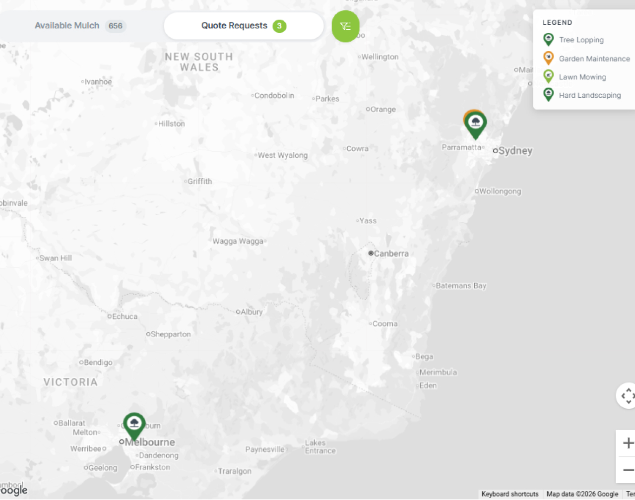 The Mulch Spot map with quote request pins across Sydney